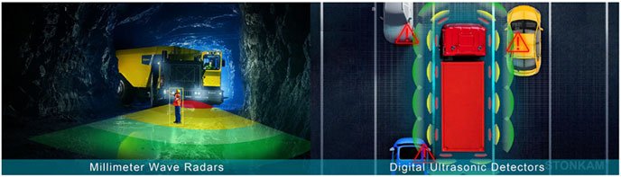 Radar Camera detectando un camión en túnel de minería y LiDAR midiendo una grúa a 30 metros.