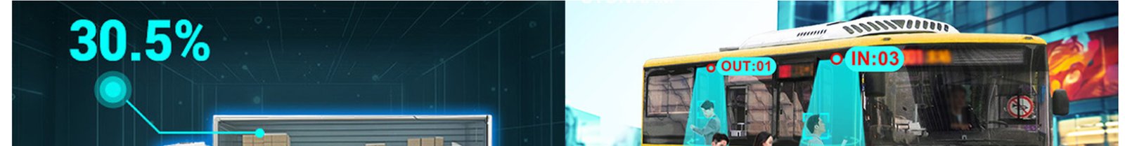 Cargo Space Monitoring mostrando 30.5% de ocupación y Bus Passenger Counting con conteo de entradas y salidas de pasajeros.